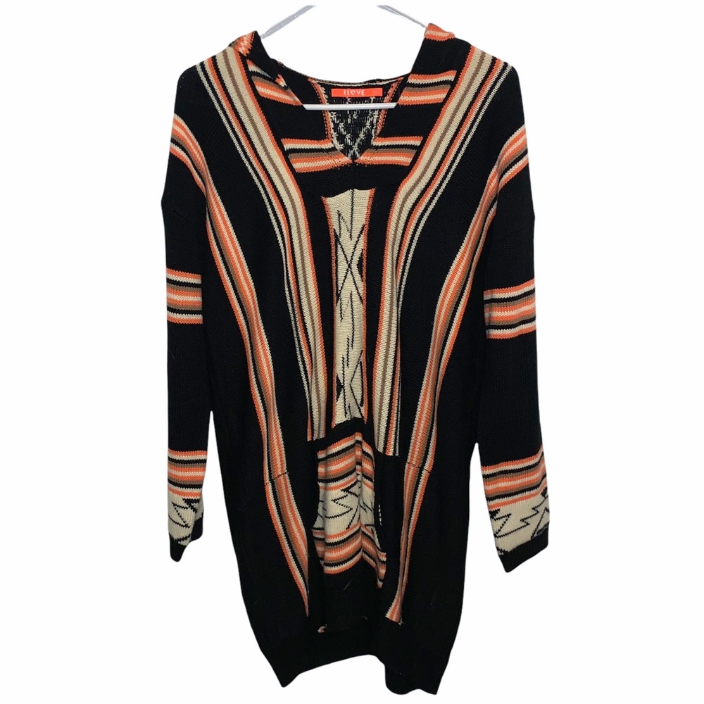 LLove Aztec Hooded Poncho Orange Tan Cream Black